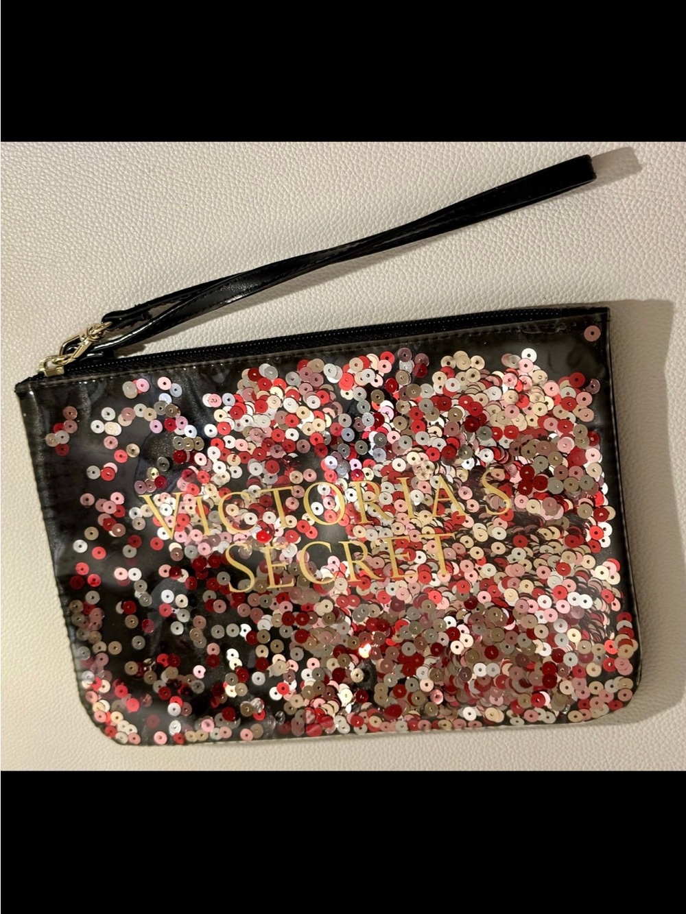 Victoria's Secret Black Wristlet Clutch with Red & Silver Sequins